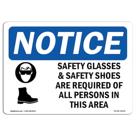 Signmission OSHA Sign, Glasses & Shoes With Symbol, 5in X 3.5in Decal, 10PK, 5" W, 3.5" H, Landscape, PK10 OS-NS-D-35-L-18148-10PK